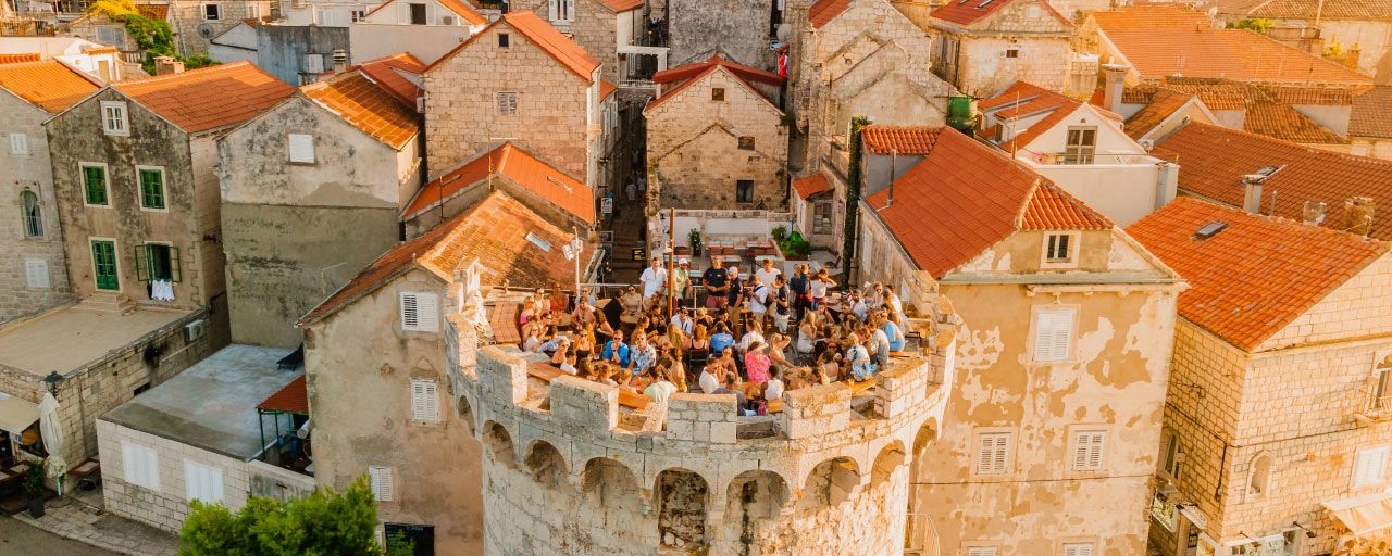 Aerial photo of Massimos fortress cocktail bar in Korcula Croatia.