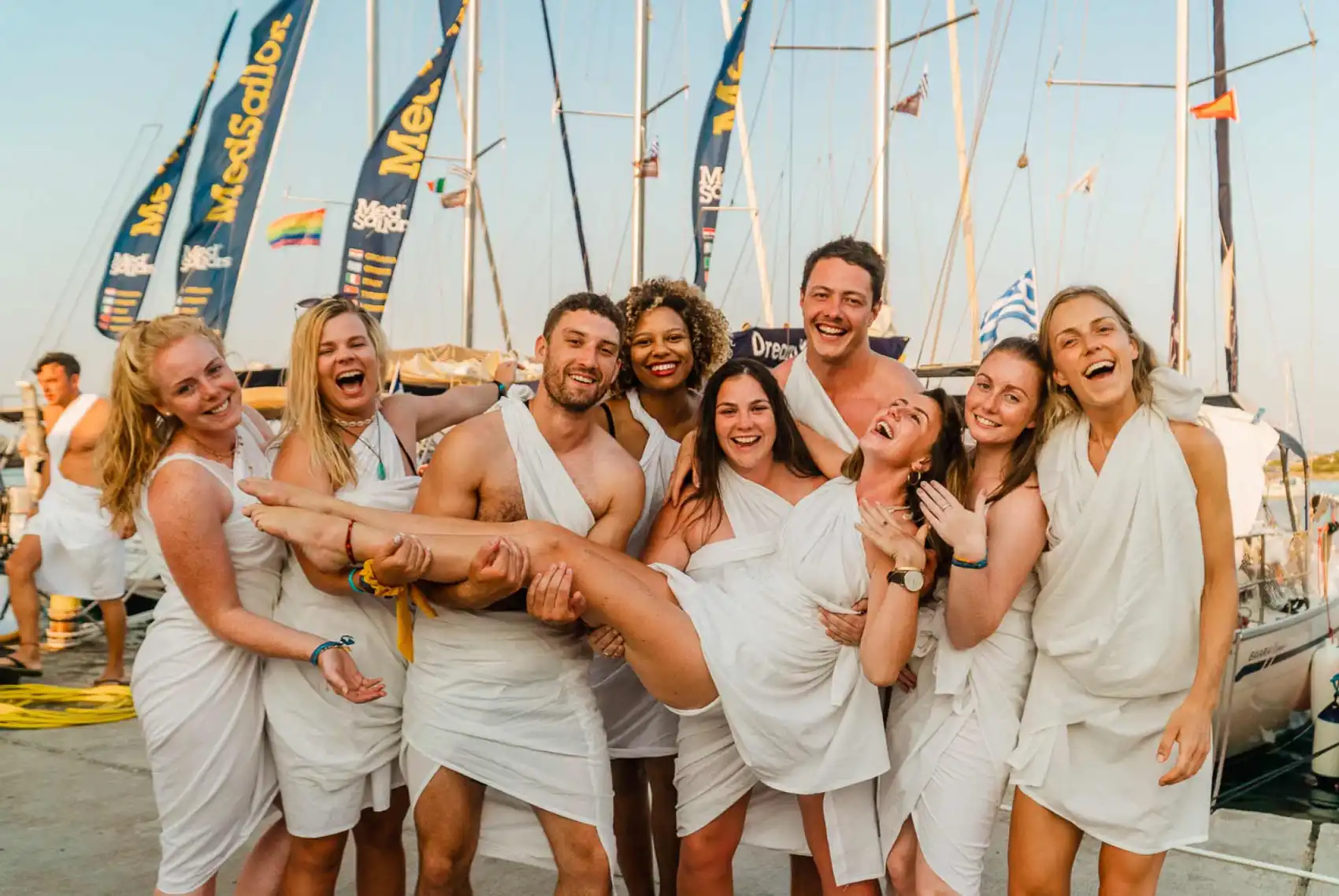 Group of friends dressed up for a Toga Party