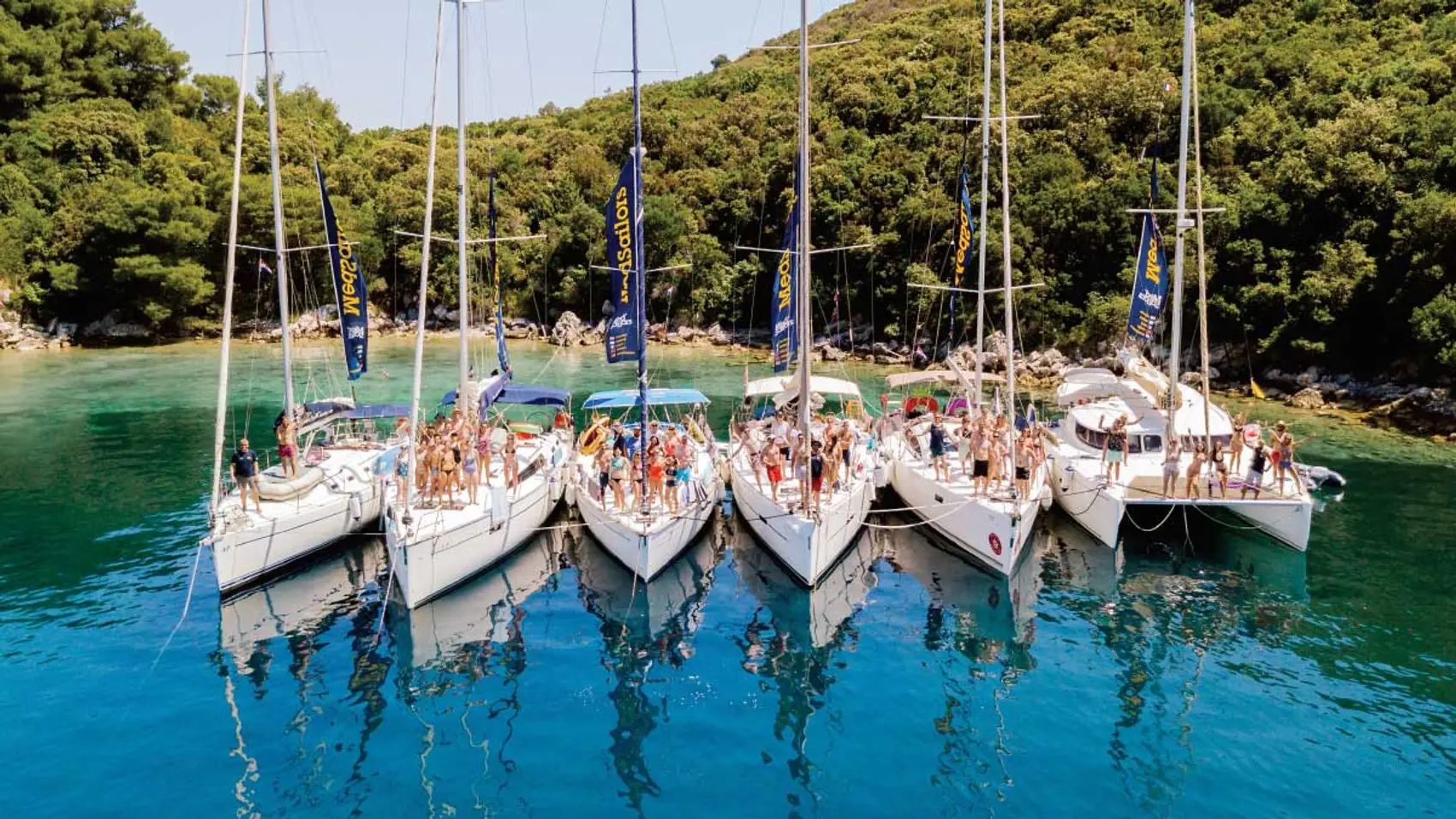 MedSailors yachts rafted together in a bay in Croatia